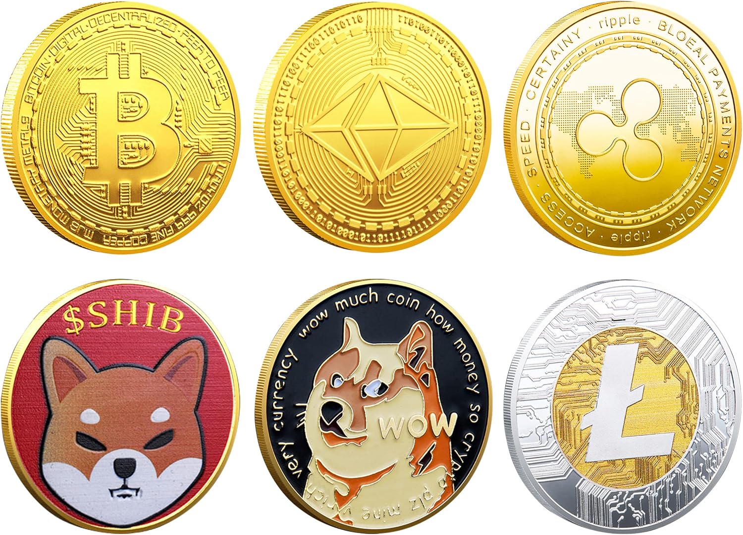 6 Pack Collectible Bitcoin Ethereum Dogecoin Shiba Litecoin Ripple Commemorative Coins, 3mm Limited Edition Cryptocurrency Coin BTC EHT DOGE SHIB XRP LTC Physical Tokens for Gift with Protective Case
